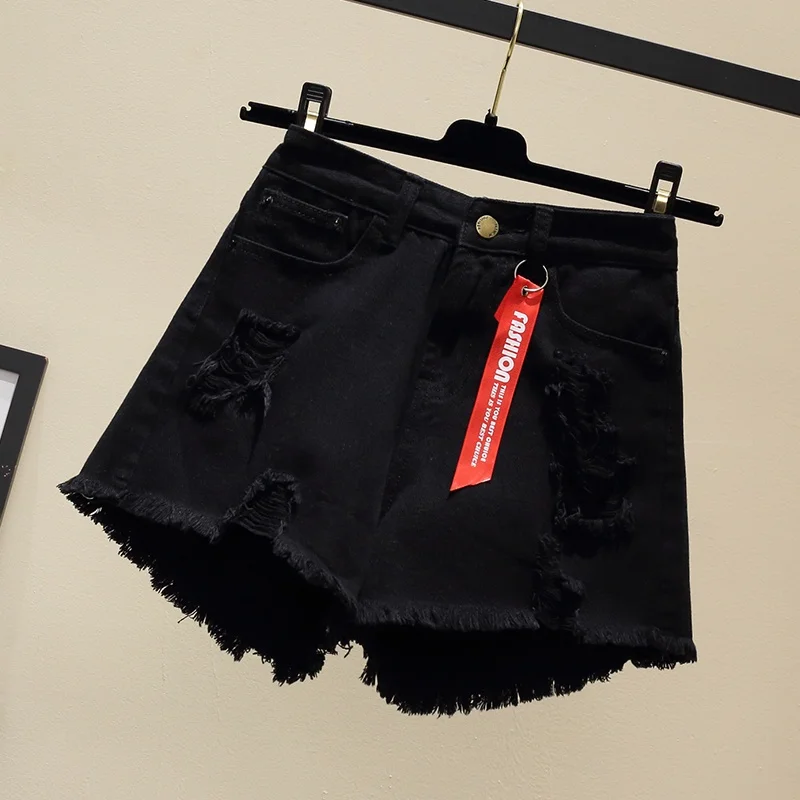 

Летние тонкие джинсовые шорты с высокой талией и рваными элементами для женщин, свободные, облегающие, больших размеров (до 200 фунтов), широкие штанины, модные, в стиле INS