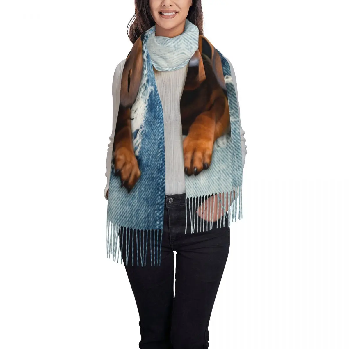 Custom Printed Dachshund Dog Torn Jean Scarf Men Women Winter Warm Scarves Wiener Badger Sausage Dog Shawl Wrap