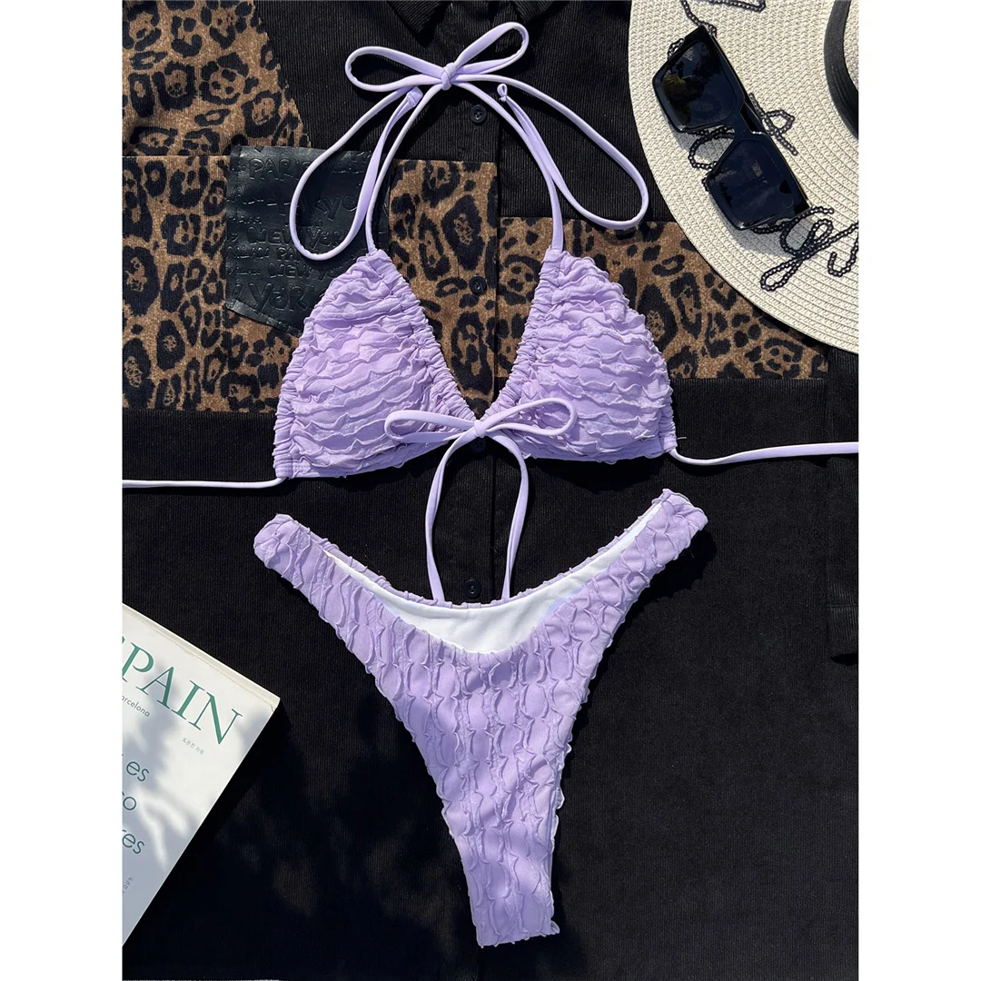 Gefalteter, um den Hals gewickelter, brasilianischer Bikini, Damen-Badeanzug, zweiteiliges Bikini-Set, Badebekleidung, Badeanzug, Schwimmbekleidung V4672 – Detail 9