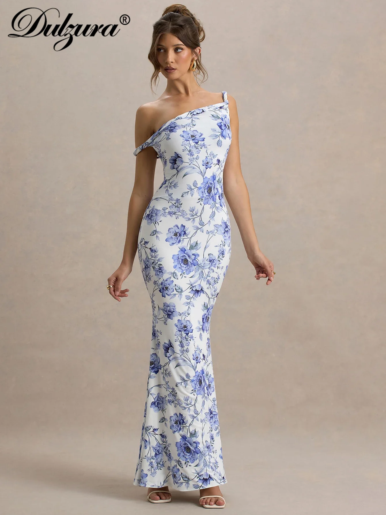 Dulzura Schräge Schulter, ärmellos, rückenfrei, figurbetont, Blumendruck, langes Kleid, sexy, elegantes Freizeitkleid, Party, Club, Sommer-Outfit