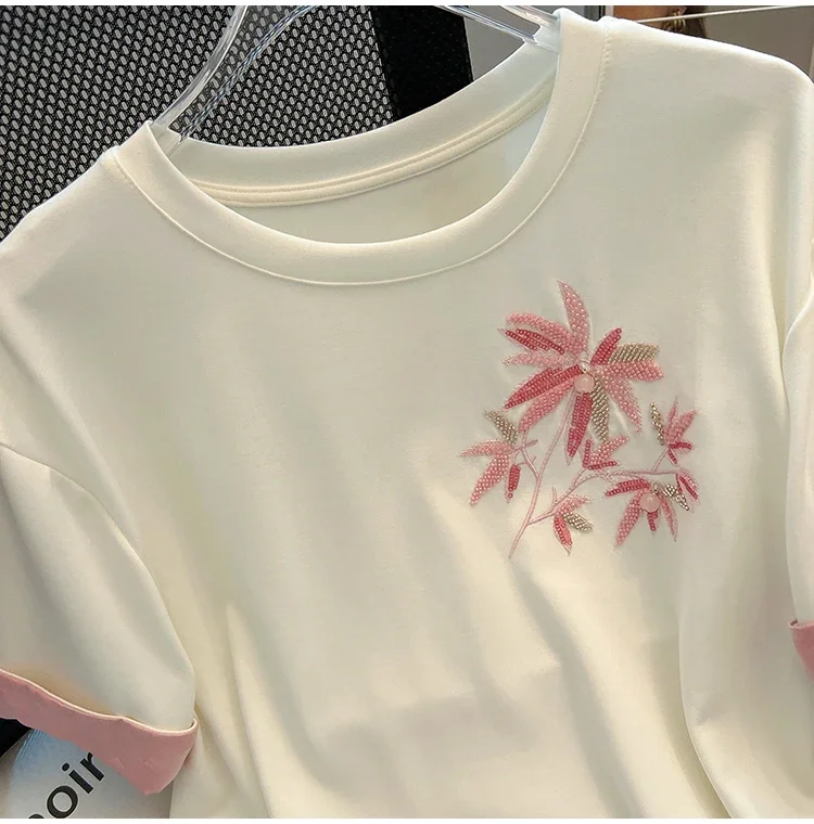 Camiseta de algodón de estilo chino para mujer, camisetas de verano de manga corta, Tops holgados para mujer, ropa bordada con cuello redondo Vintage, ventas