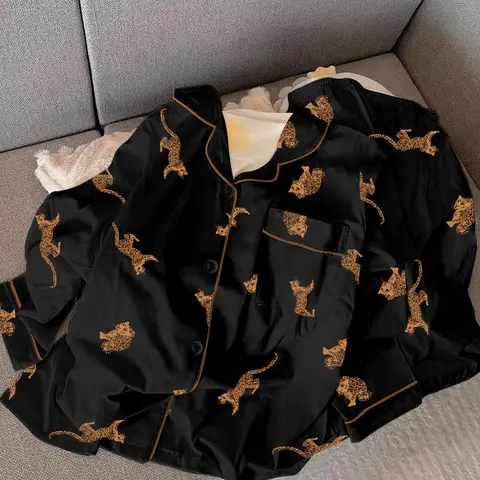 올드 머니 스타일 레오파드 프린트 여성 잘 생긴 잠옷 미국 복고풍 트렌드 Homewear 2025 새로운 봄 가을 가짜 코튼 Nightwear
