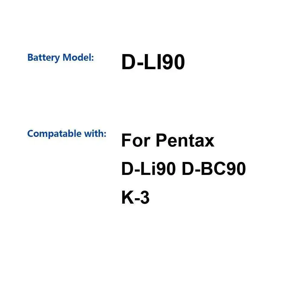 

Для Pentax D-Li90 D-BC90 K-3 2300 мАч надежная батарея для камеры