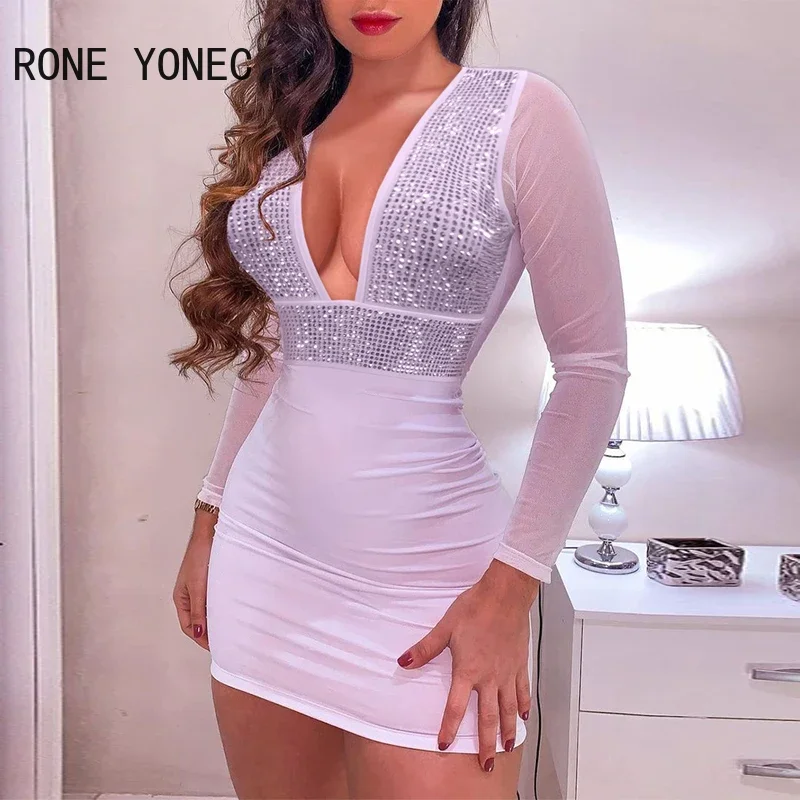 Women Solid Sexy Deep V Neck Rhinestone Long  Sleeves Mesh Patchwork Bodycon Mini Sexy Party White Dresses