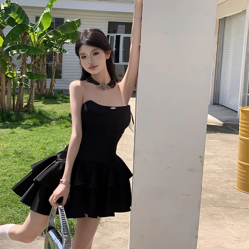 Summer Irregular Strapless Women Sexy A-Line Party Tiered Balck Mini Dress