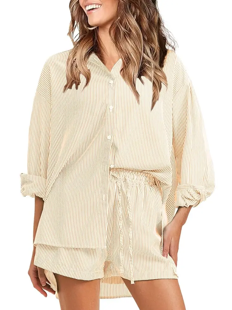 Camicia a maniche lunghe a righe da donna Completi da 2 pezzi Set di pantaloncini con coulisse e colletto con bottoni