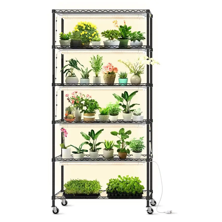 

DIY Plant Shelf with Grow Light, Grow Light Shelf with Adjustable Rack and Wheels, Plant Stand, 8Pack 192W T8 Full Spectrum Lam