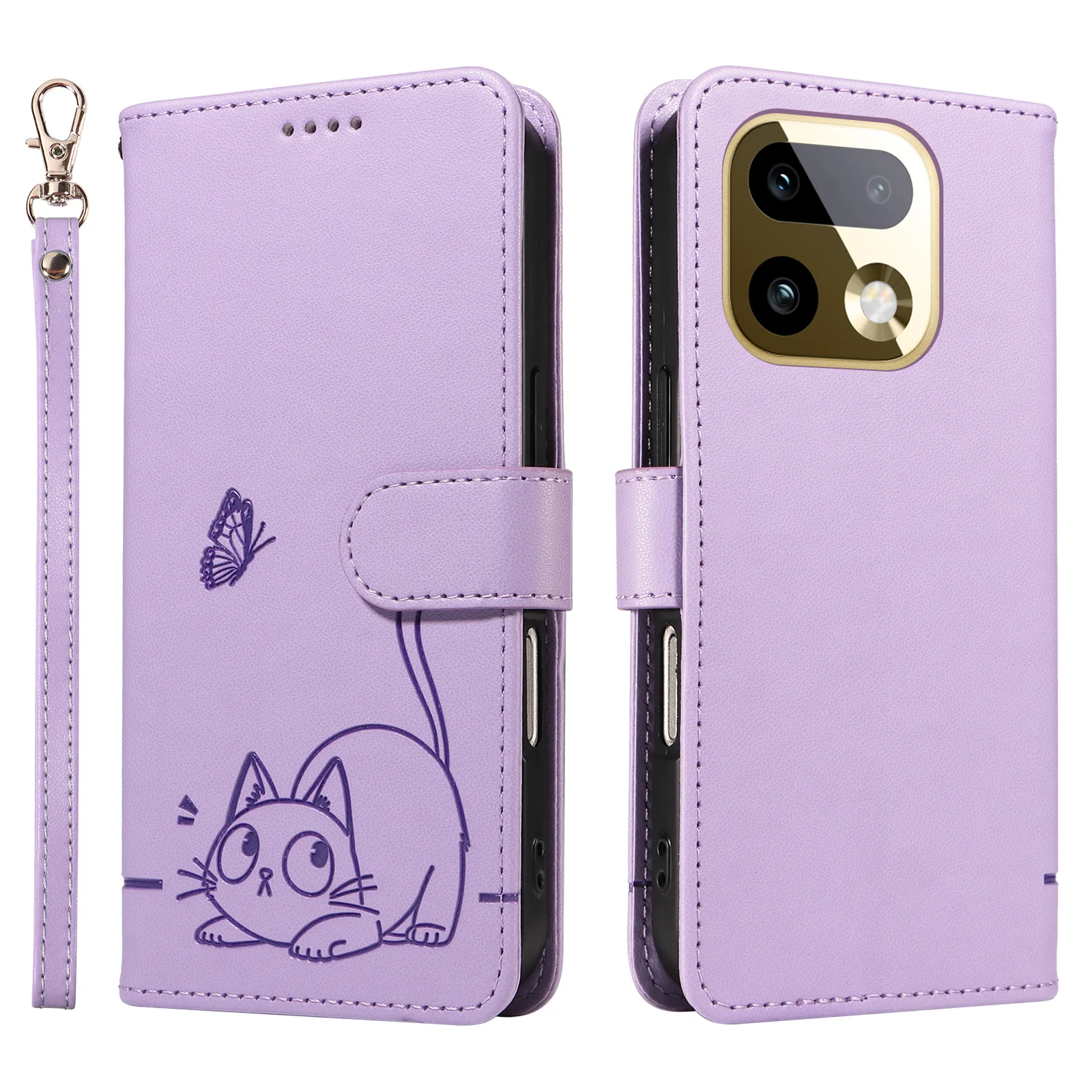 Étui portefeuille en cuir pour Realme 14 14T 14X 15 15X 15T 16 Note 70 C100 C85 C83 Pro Plus |   Design en relief Chat et Papillon