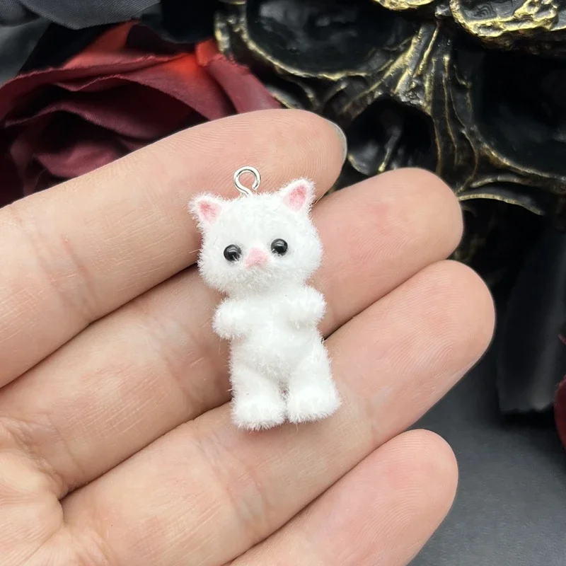 2pcs 35*17mm 3D Cute Fluffy Flocking Cat Kawaii Flocking Charms Miniature Dolls Keychain Pendant DIY Crafts Jewelry Make