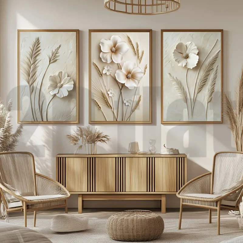 3pcs Frameless White Flower Triptych Paintings, Printed Painting Canvas Posters, Wall Art Printed Paintings, Room Decoration