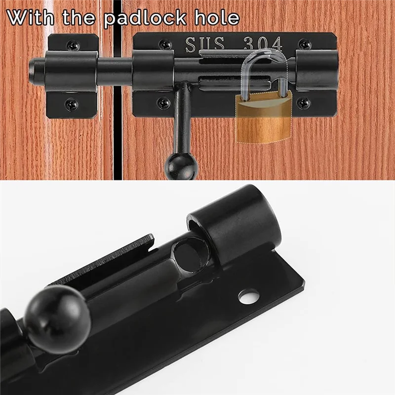 ABNM Barrels Bolt Door Latch With Padlock Hole, 304 Stainless Steel Slide Door Lock, 4 Inch Matte Black, 2 Pack