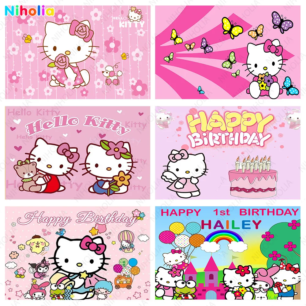 

Hello Kitty Backdrop Kids Birthday Party Decoration Pink Girl 1st Photography Background Cartoon Cat Baby Shower Studio Banner