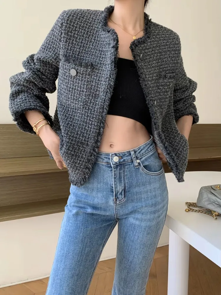 Insozkdg Gray Tweed Jacket Women Spring-Autumn Fringed Edge Elegant Simple Tweed Short Blazer Female Office Lady Coat Hot Sale