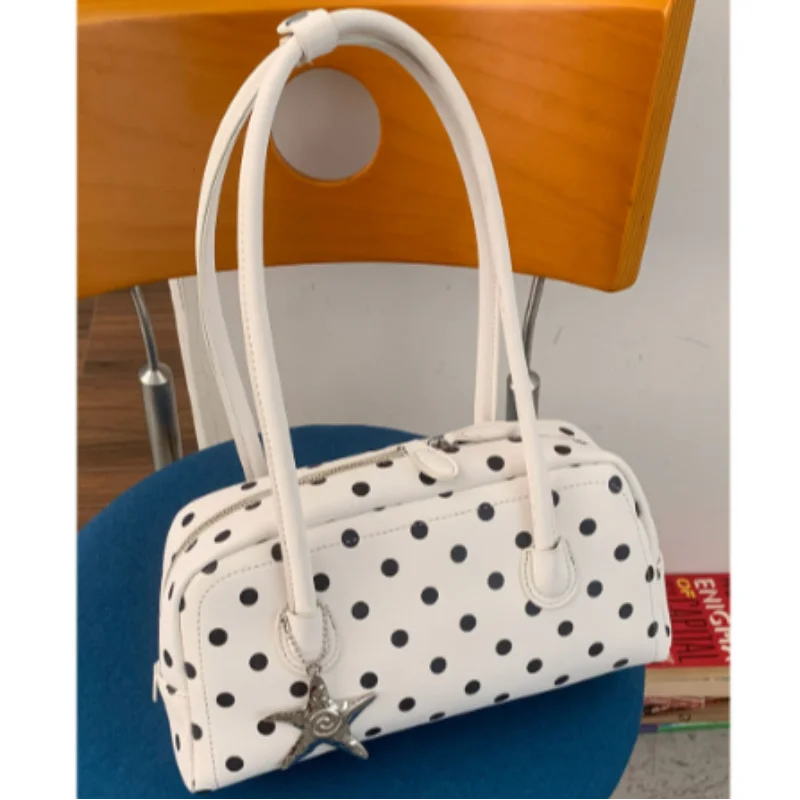 

Корейская сумка в стиле ретро с принтом в горошек, большая вместительная сумка-боулинг, повседневная и простая сумка через плечо с подвеской в виде звезды.