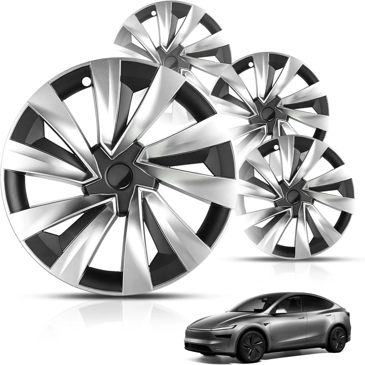 

Комплект из 4 спиральных аэродинамических колпаков для колес Tesla Model Y Juniper 2025-2026, 19 дюймов, черно-серебристые, накладные, полная защита обода