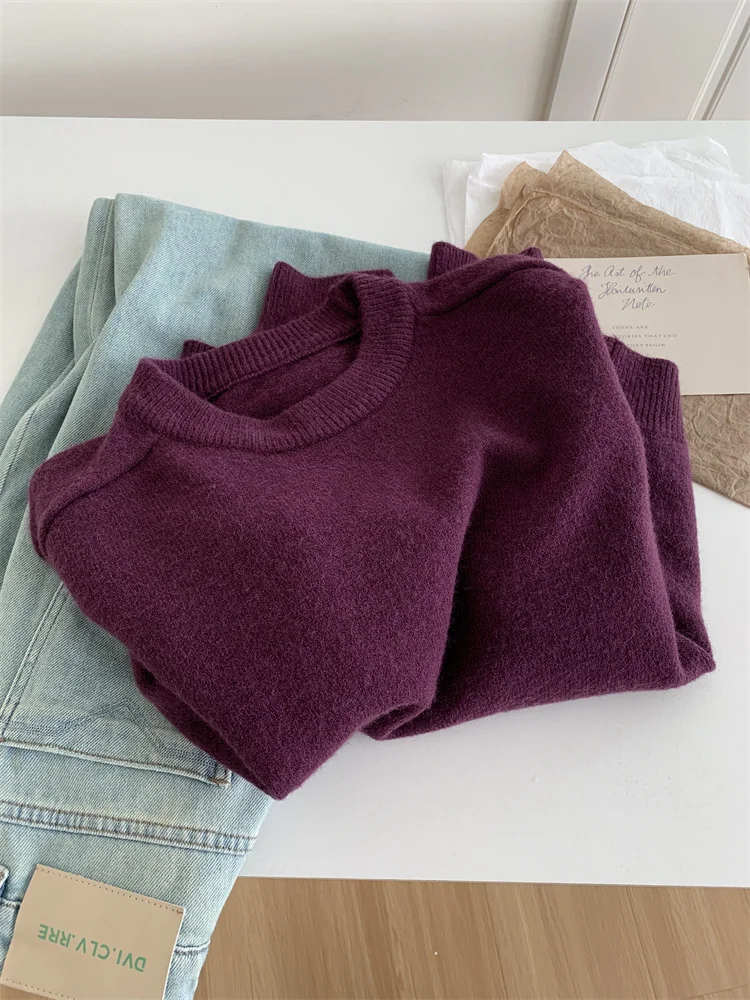 Women's Round Neck Pullover Sweater, Purple, White, Autumn, Winter, New Style, Sticky and Chewy, Solid Color Knit with Warm Top