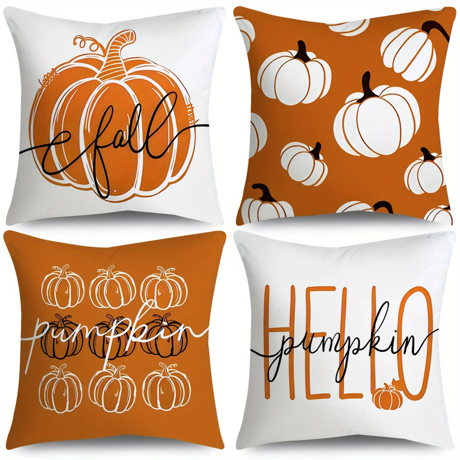 

4pcs Hello Pumpkin Fall Throw Pillow Covers Orange & White Pumpkin Fall Farmhouse Thanksgiving Day Decorative Cushion Case