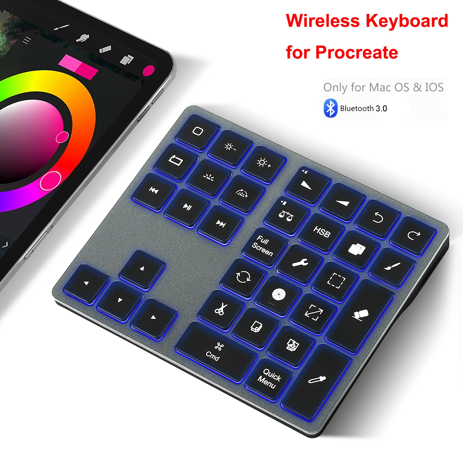 Wireless Shortcut Keyboard for Procreate Portable Rechargeable Bluetooth 3.0 Aluminum Backlight for iPad Drawing Tablet Painting