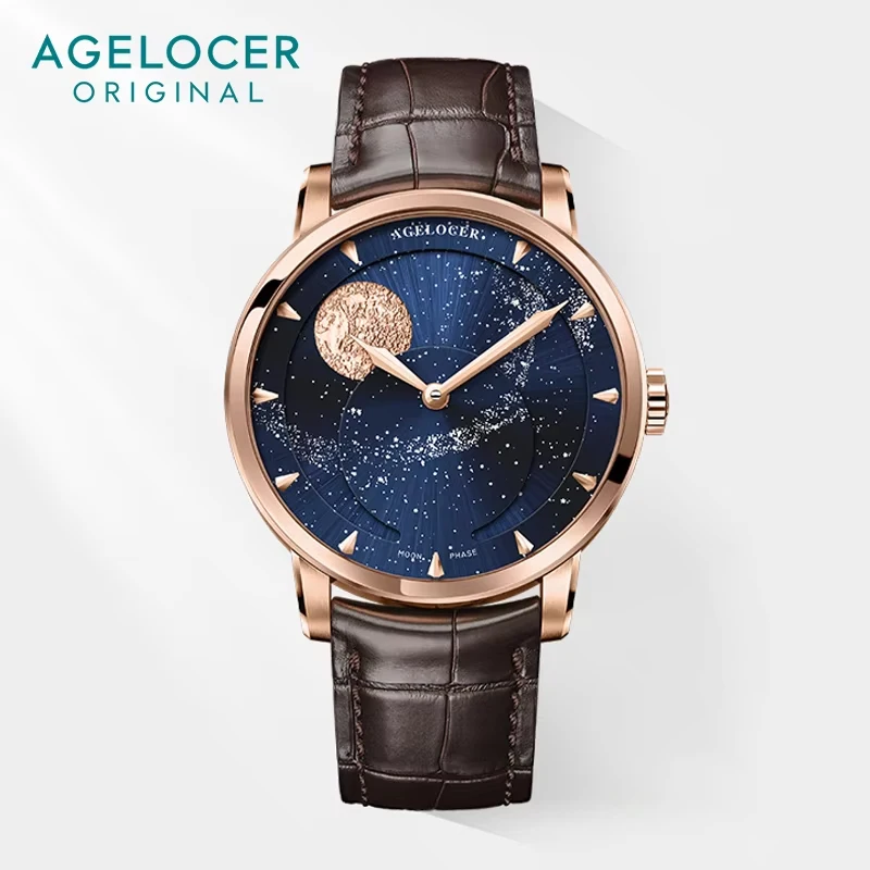 AGELOCER Original montre d'astronome hommes d'affaires de luxe montre en or automatique mécanique Phase de lune montre cadeau d'anniversaire pour hommes