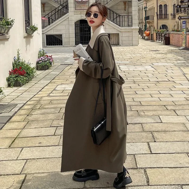 Long Windbreaker Patchwork Jacket Spring and Autumn 2024 New Korean Style High-End Super Hepburn Temperament OutCoat Long