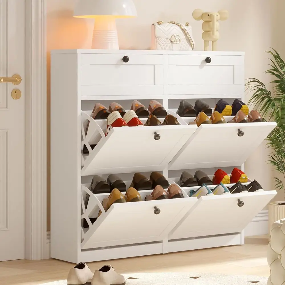 

4-Tier & 2-Drawer Shoe Cabinet with Adjustable Shelves, White Shoe Storage Organizer for Entryway, Hallway, Living Room