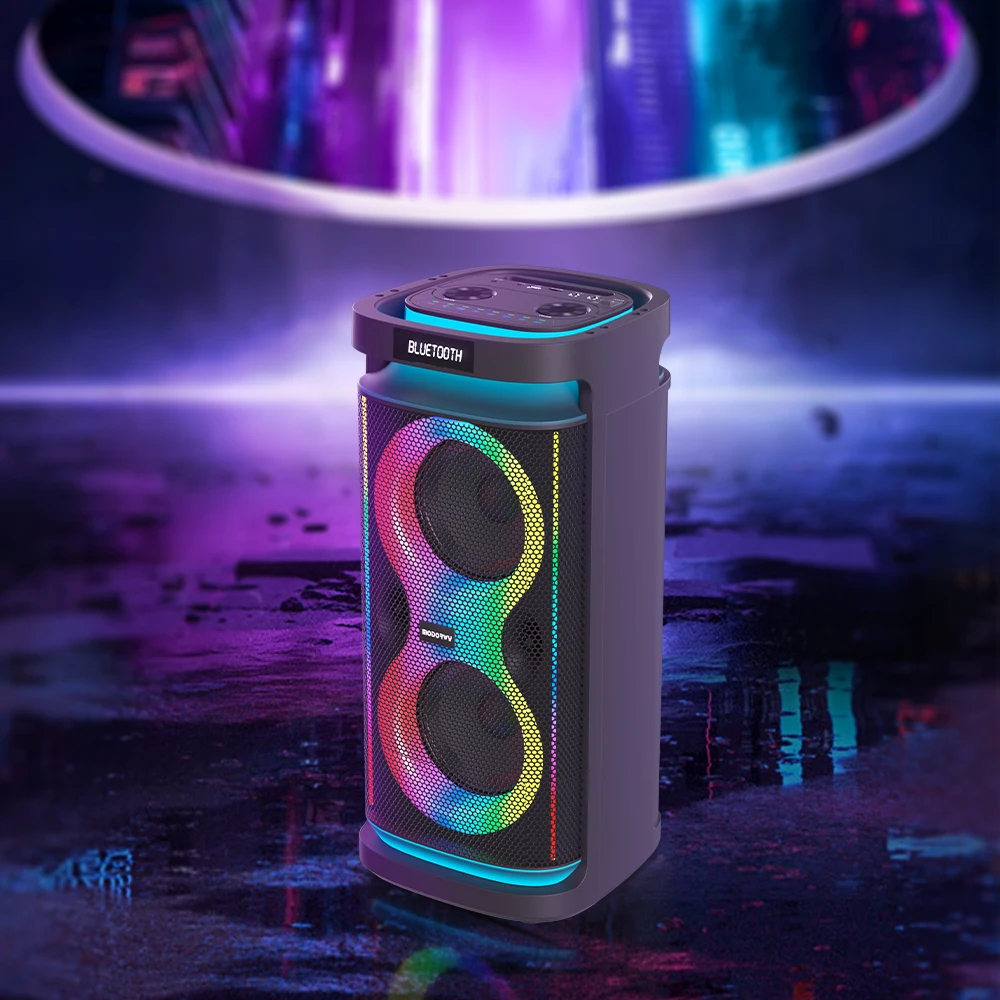 Portable outdoor karaoke speaker with RGB Light Emitting Diode lighting Wi-Fi and Bluetooth, compatible for phones and home