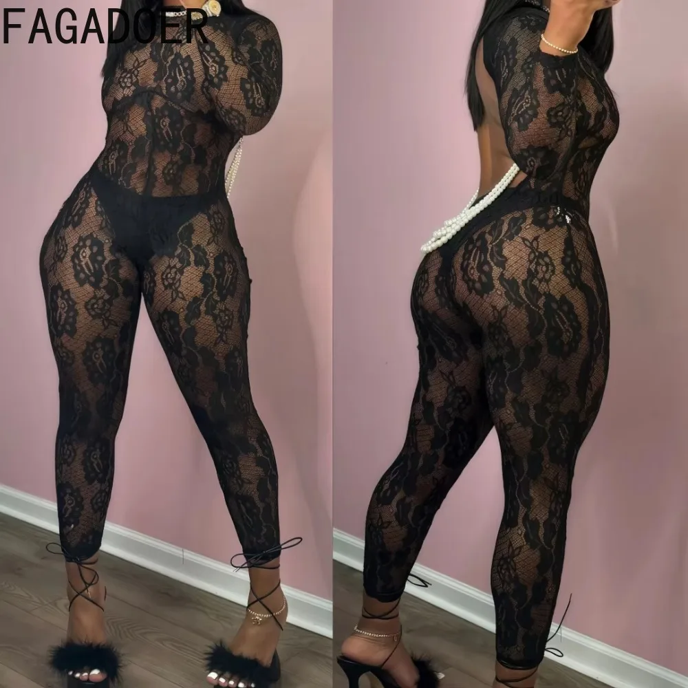 

FAGADOER Sexy Lace Jumpsuits for Women 2025 Spring New Mesh See Through Hollow Out Slim Rompers Female Nightclub Party Overalls