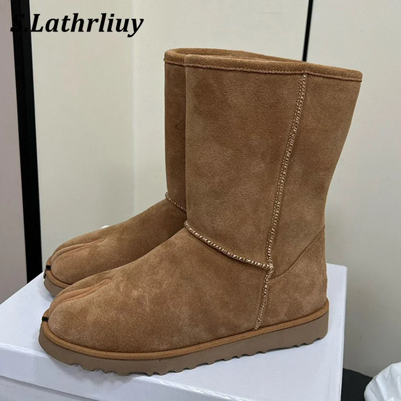 

2024 Winter Wool Lining Split Toe Snow Boots Women's Round Toe Suede Flat Casual Short Botas Thick Bottom Non-slip Ankle Boots