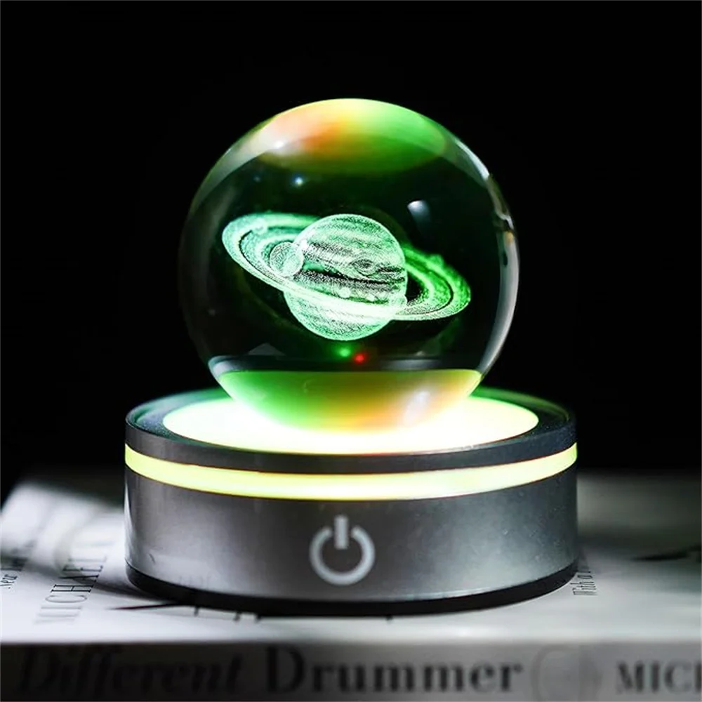 

3D Crystal Ball Night Light, Glass Saturn with Six Color LED Base for Science Astronomy Student Day Gift Home Bedroom Decoration