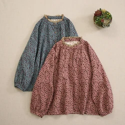 Vintage Mori Girl Floral Print Loose Cotton Shirt Women Spring Autumn Stand Collar Long Sleeve Casual Blouse Blusas Outwears