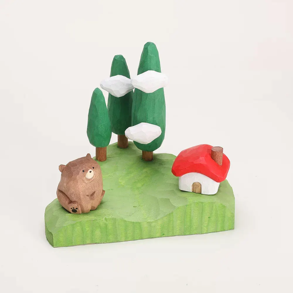 Hand‑Carved Wooden Forest Cottage Ornament Red Roof Cottage Tree Figurine Desktop Home Decor Craft Gift for Housewarming