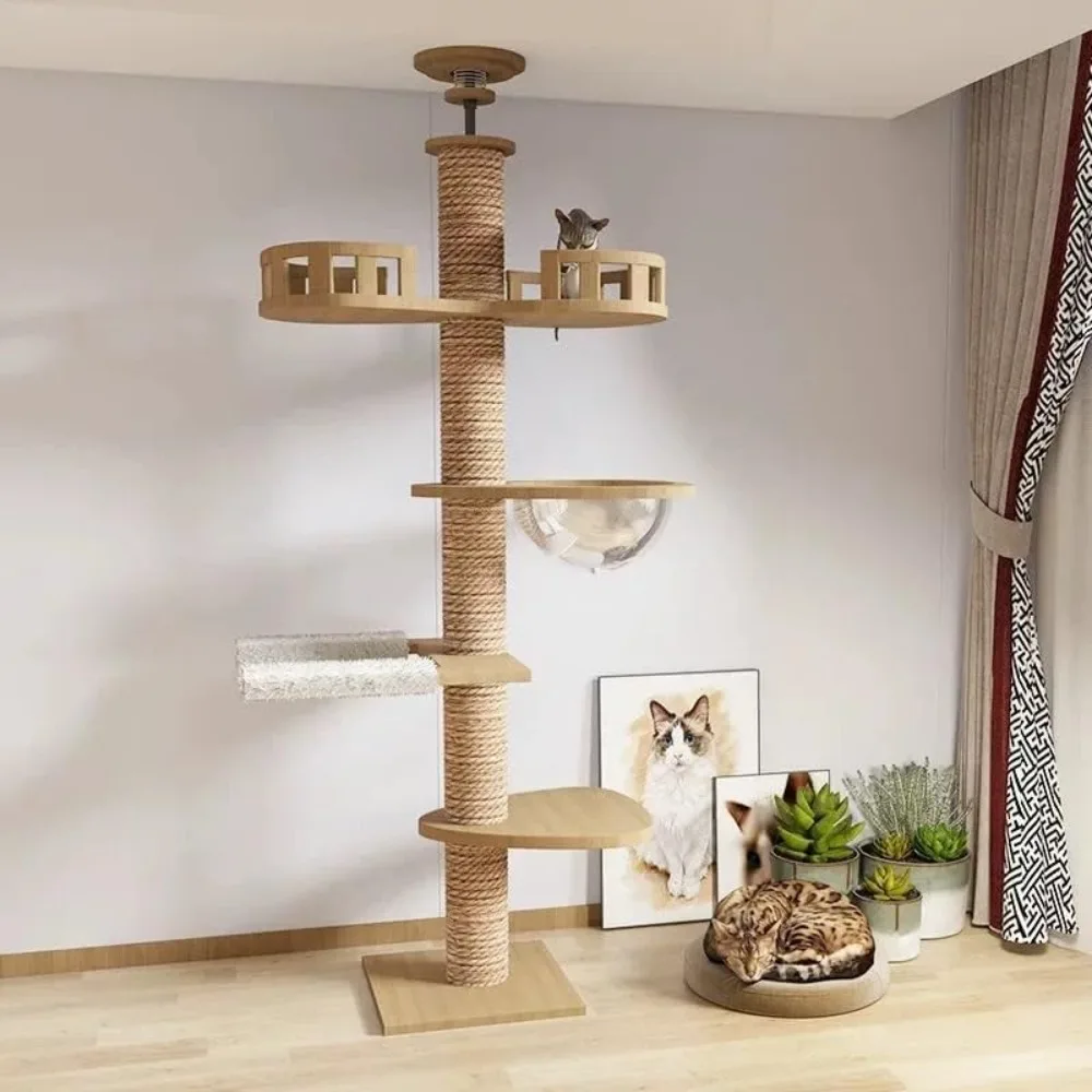 Árbol para gatos de 100,4-104,3 pulgadas, suelo al techo, cuerda de Sisal Natural, poste de escalada para rascar, árbol para gatos ajustable de varios niveles