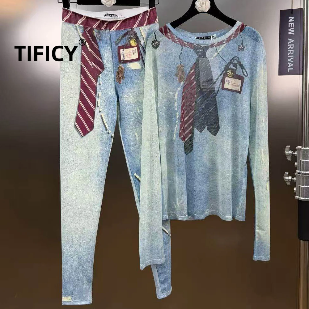 

High Street Legging Two Piece Set Women's Spring New Tie Print Denim Style Mesh Top Paired with Leggings Set