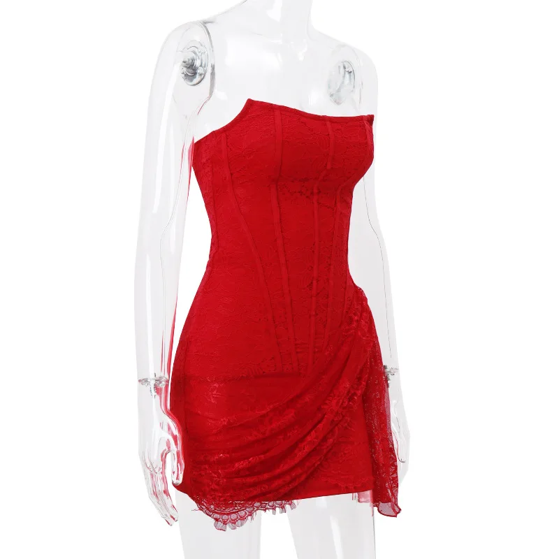 SKMY Women'S Sexy Lace Mesh One Shoulder Bra Perspective Short Elegant Party Dress image 4