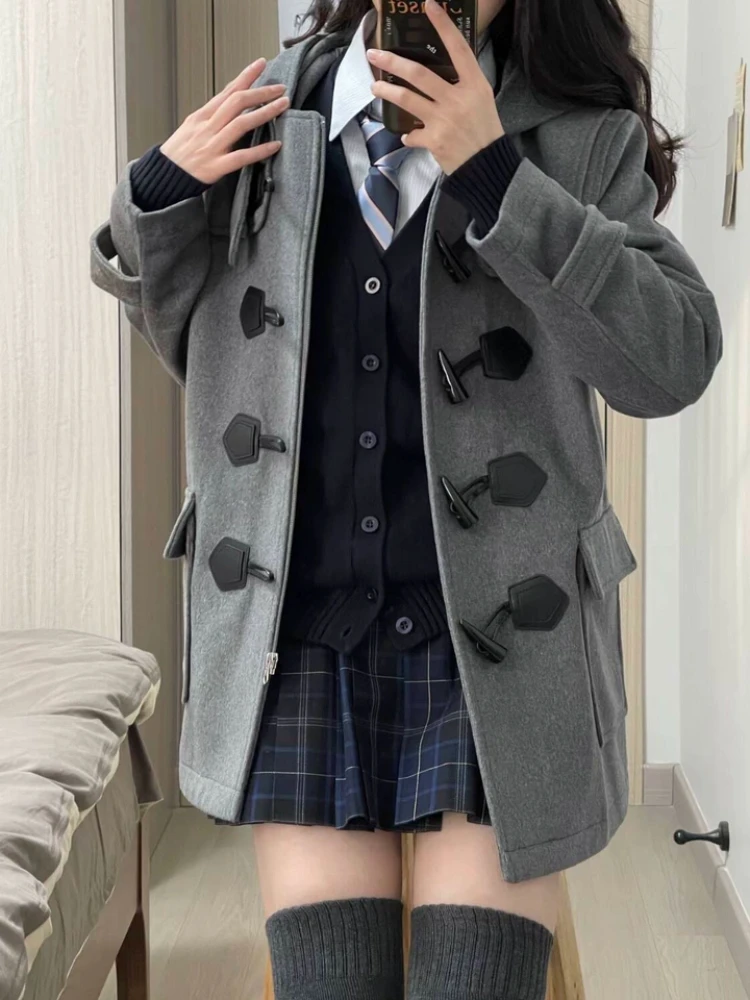 Horn Button Blends for Women JK Japanese College Style Hooded Thickened Outwear Autumn Winter Casual All-match Harajuku Chic