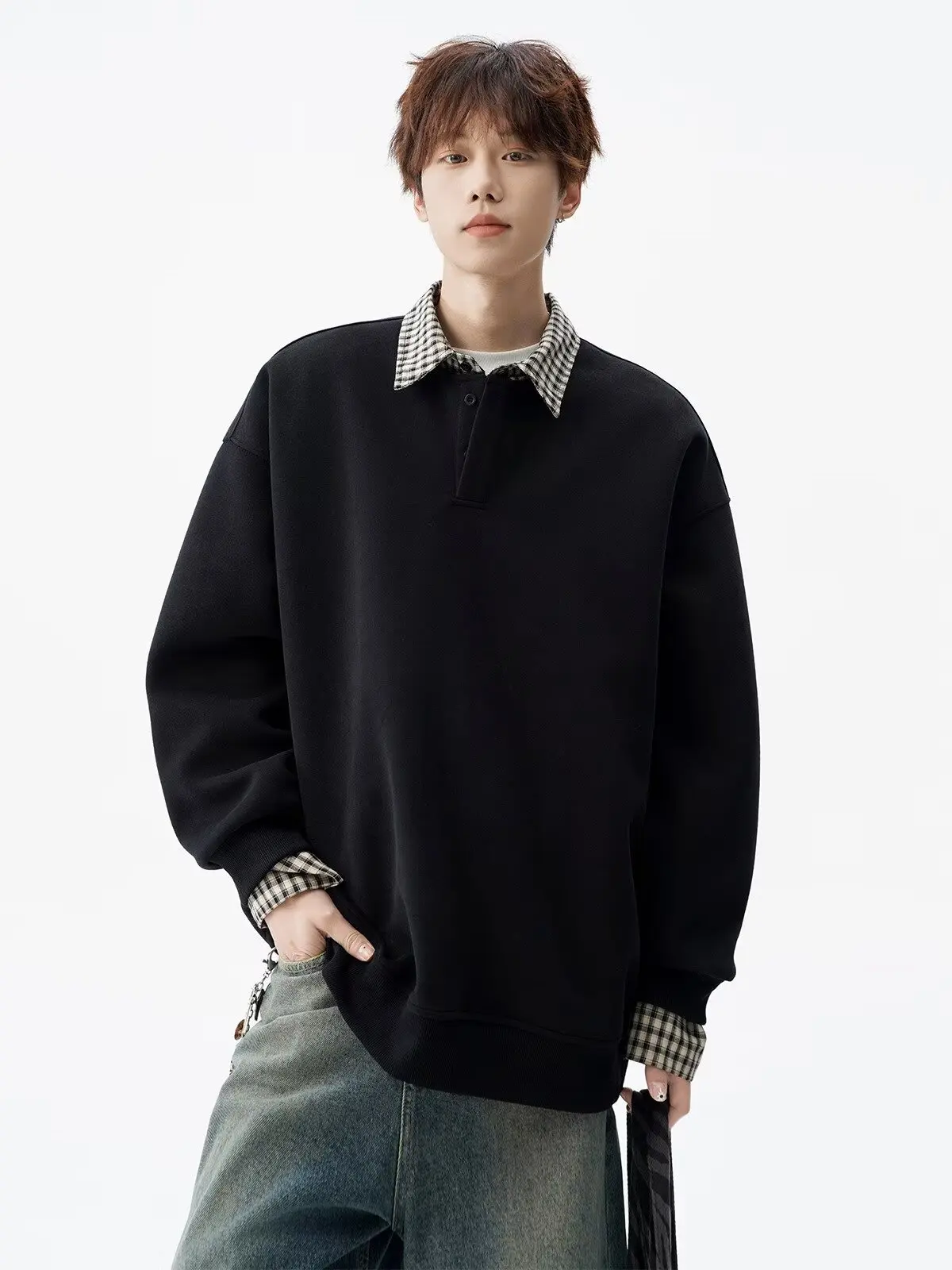 American Retro Plaid  Neck Sweatshirt Men's Spring Autumn Loose College Style Couple Fake Two-Piece Long Sleeve T-Shirt