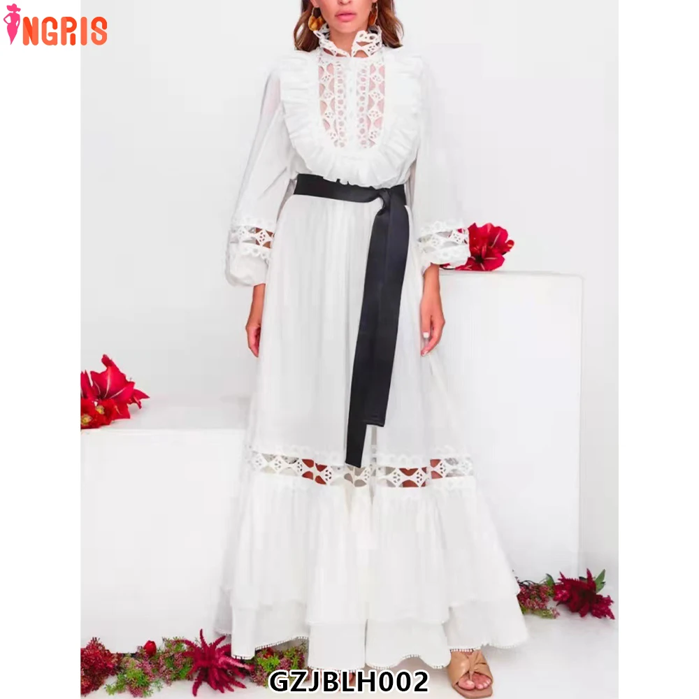 

European and American New Stand up Collar Ruffle Edge Spliced Lantern Sleeve Waist Belt Cinched Dress-GZJBLH002