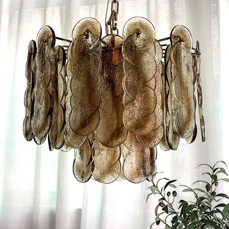 

French vintage coffee colored glass chandelier, vintage restaurant, bedroom, residential, hanging living room, lighting fixtures
