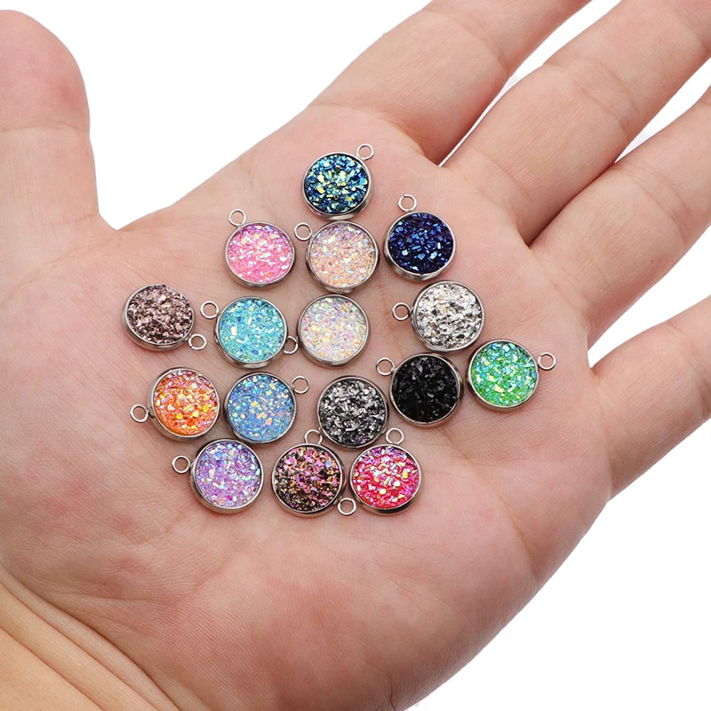 40pcs/lot Sparking Glitter Faux Cabochon Charms Stainless Steel DIY Pendant For Jewelry  Making Wholesale