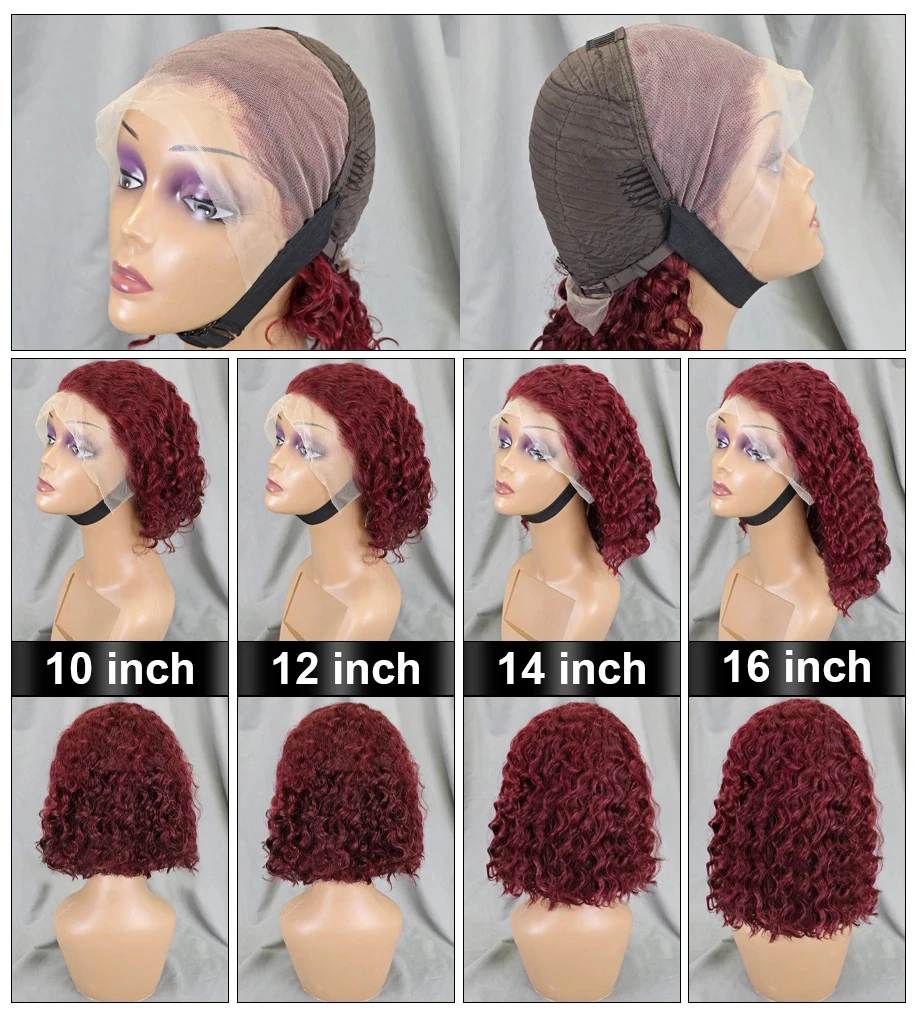 Peluca de cabello humano brasileño de onda profunda 99J Borgoña con encaje frontal 13x4 pelucas de Bob corto rizado profundo cabello humano pelucas onduladas de agua de color rojo