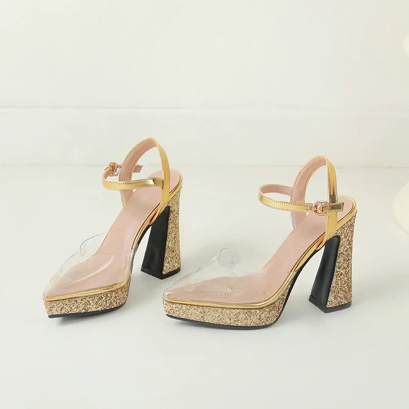 Clear PVC Transparent Vamp Party Dress Thick High Heels Summer Shoes Gold Silver Glitter Shiny Close Toe Platform Sandals Women