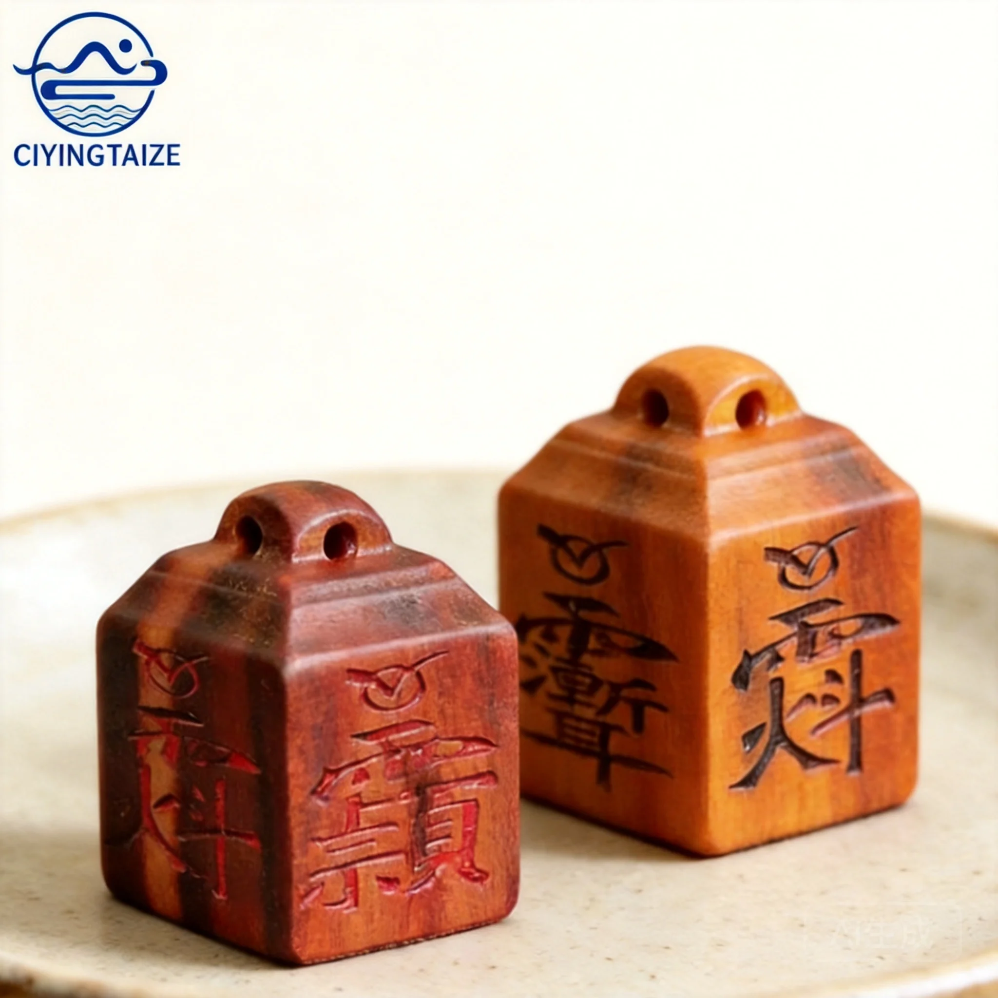 Snqp Traditional Chinese Feng Shui Good Luck Thunder Struck Peach Wood Square Seal Pendant Hand Carved Taoist Blessing Fortune