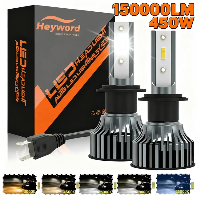 Żarówki LED do samochodu Heyword 150000lm 450W z chipem 1860 CSP, barwa światła 3000k/4300k/6000k/8000k, żarówki LED h4 h7 h1, żarówki LED 9005 H7 h11