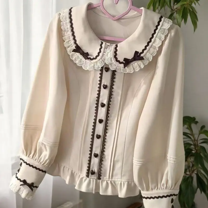 2026 versatile lantern long-sleeved doll lolita with cute Japanese shirt bow lace new  blusas mujer de moda verano elegantes