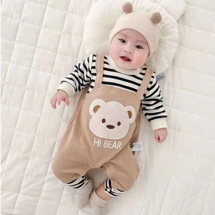 Spring Autumn Baby Boys Rompers Cartoon Bear Print Long Sleeve Newborn Jumpsuit Girls Cotton Stripes Kids Outfit Clothes 0-18M