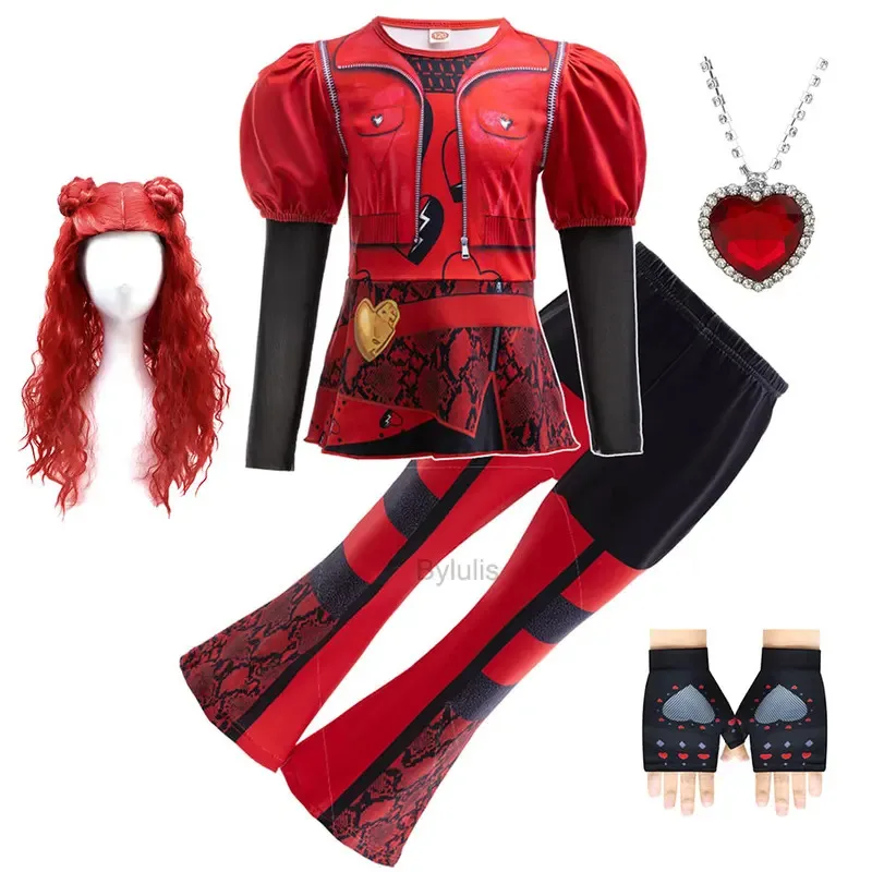 

Red Clothing D-Descendants 4 Costume Girls Halloween Cosplay Clothing Children's Movie "Little Red Rise" Birthday Dress Kit Wig