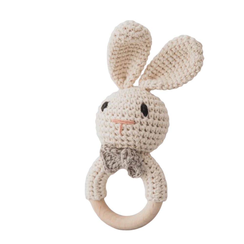 Sonajero de ganchillo de conejo y roedor de madera, tejido de animales de dibujos animados, mordible, sin BPA, diseño suave y relajante, música educativa