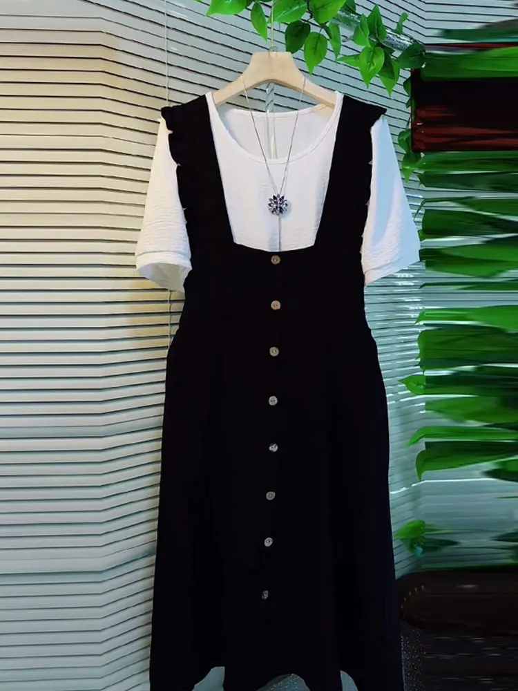 

plus Size Women's round Ne ort Sve Base irt with Button Detail And Pleated Skirt Casual Age-Defng Two-Piece Set