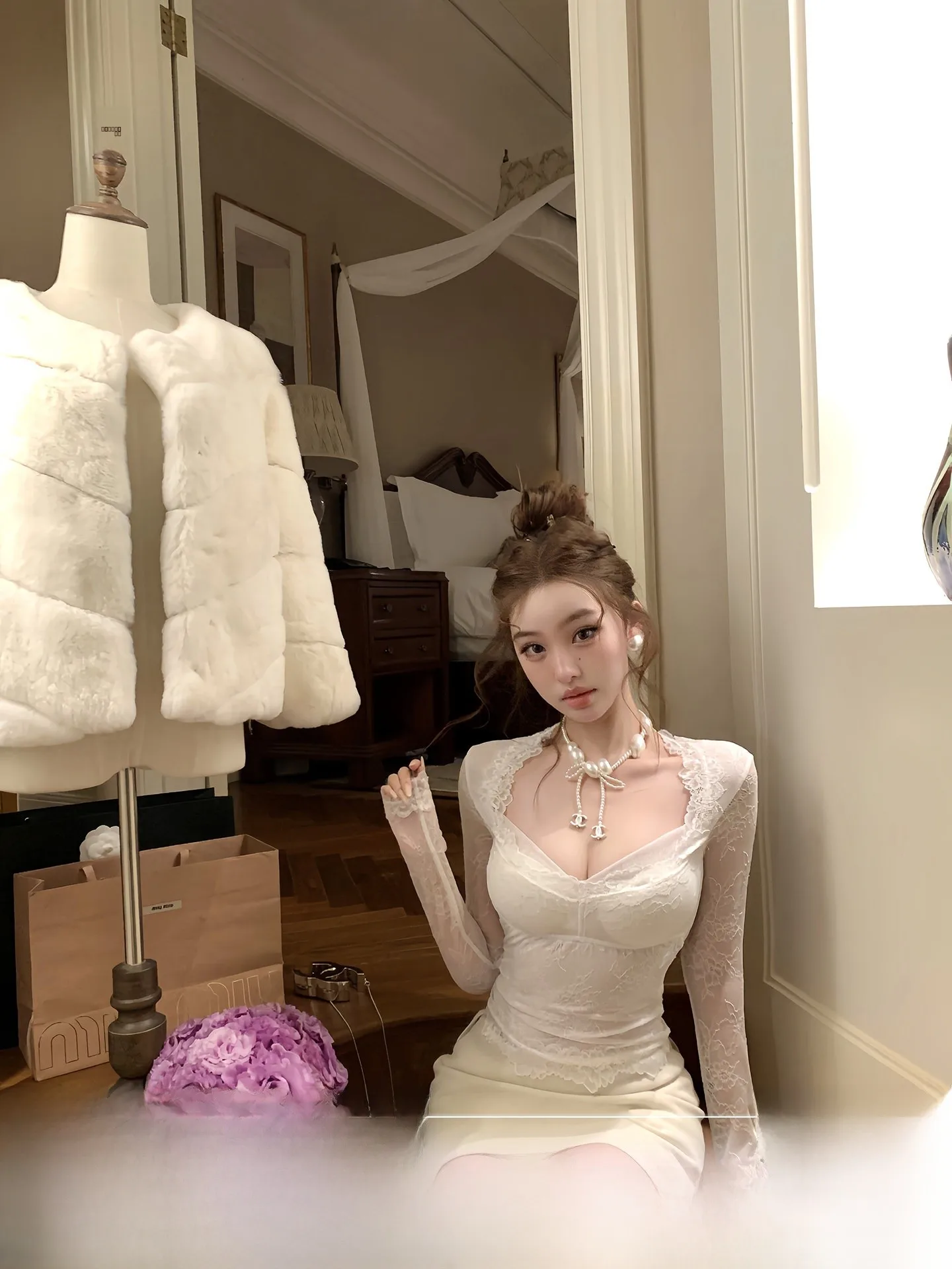 

Женская приталенная блузка OYFF с V-образным вырезом и кружевной отделкой, французский стиль, дышащая, приятная к телу, с длинными рукавами