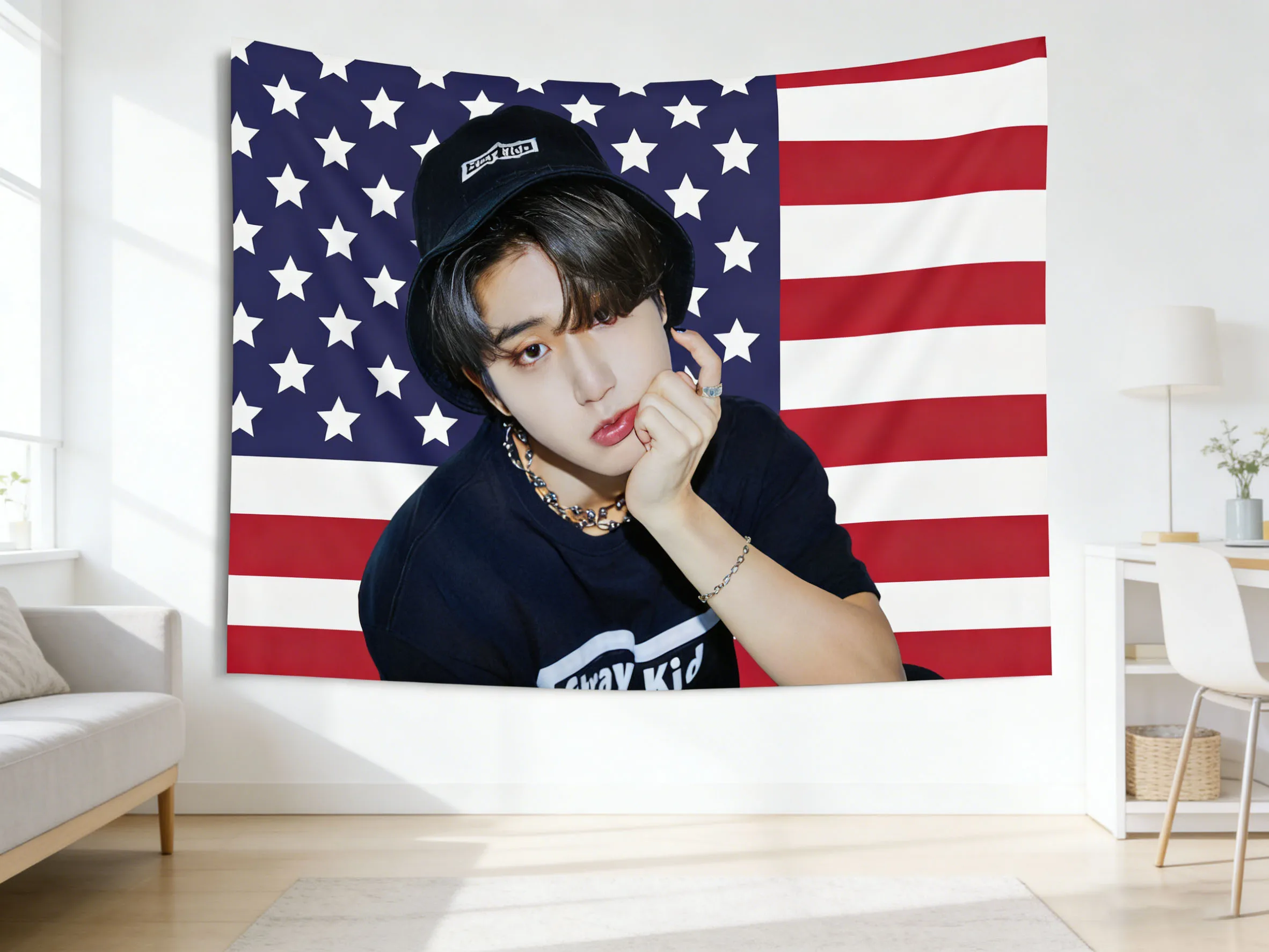 SKZ Han Jisung Wandteppich mit amerikanischer Flagge, Wandteppich im Bohemian-Stil, geeignet für Schlafzimmer, Wohnheim, ästhetische Wanddekoration
